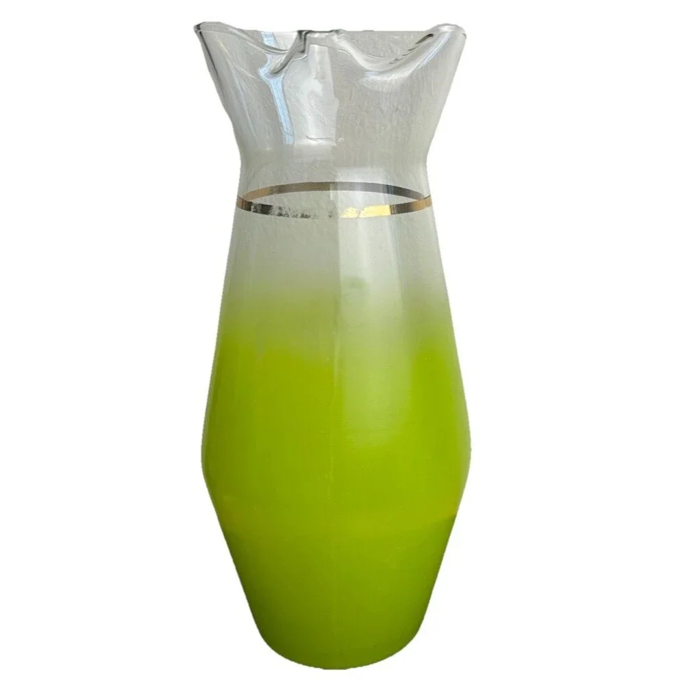 Vintage MCM Frosted Lime Green Ombré Glass Pitcher Retro with Gold Trim 9